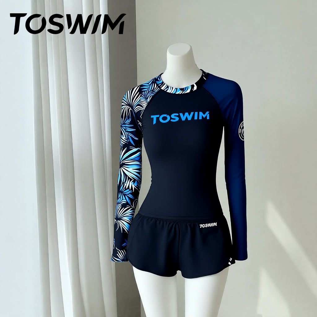 【样衣清仓-深邃密叶】TOSWIM拓胜正品长袖防晒游泳衣女分体温泉