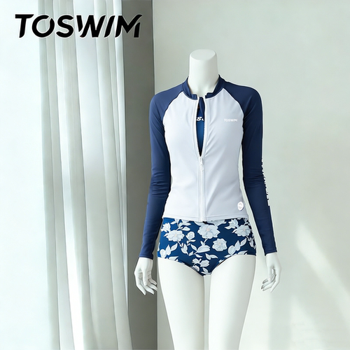 【样衣清仓-藏白蔷薇】TOSWIM泳衣女三件套长袖防晒三角温泉泳装
