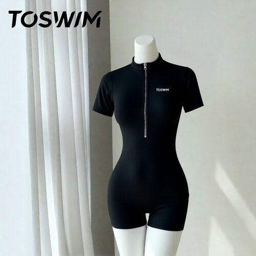 【瑕疵清仓-酷黑水手】TOSWIM拓胜正品连体泳衣女短袖平角温泉