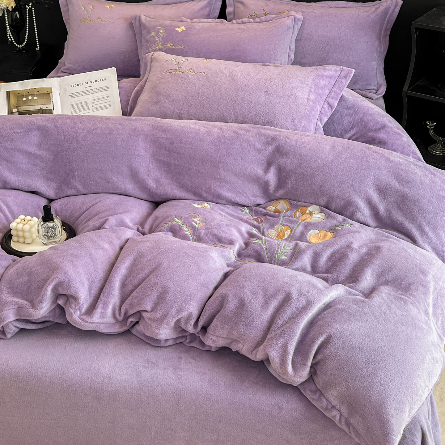 （爆款秒杀）新款高克重牛奶绒绣花刺绣四件套-花语系列