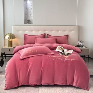 kk新款 牡丹系列 高克重牛奶绒绣花刺绣四件套