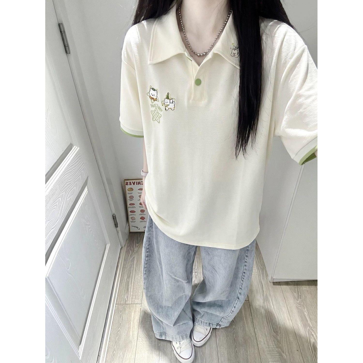 刺绣撞色polo衫短袖t恤女夏季宽松小众设计感学院风半袖上衣百搭