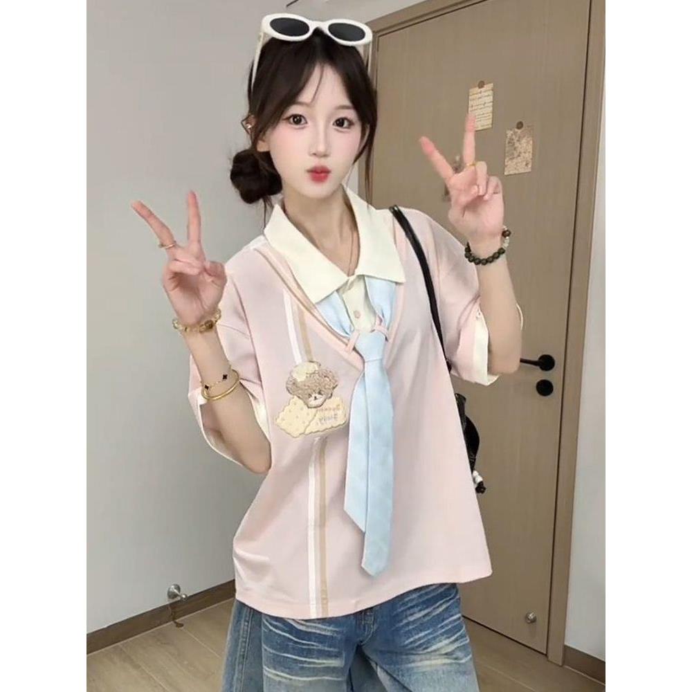 学院风领带短袖T恤女polo衫夏季新款宽松小众设计感上衣假两件潮