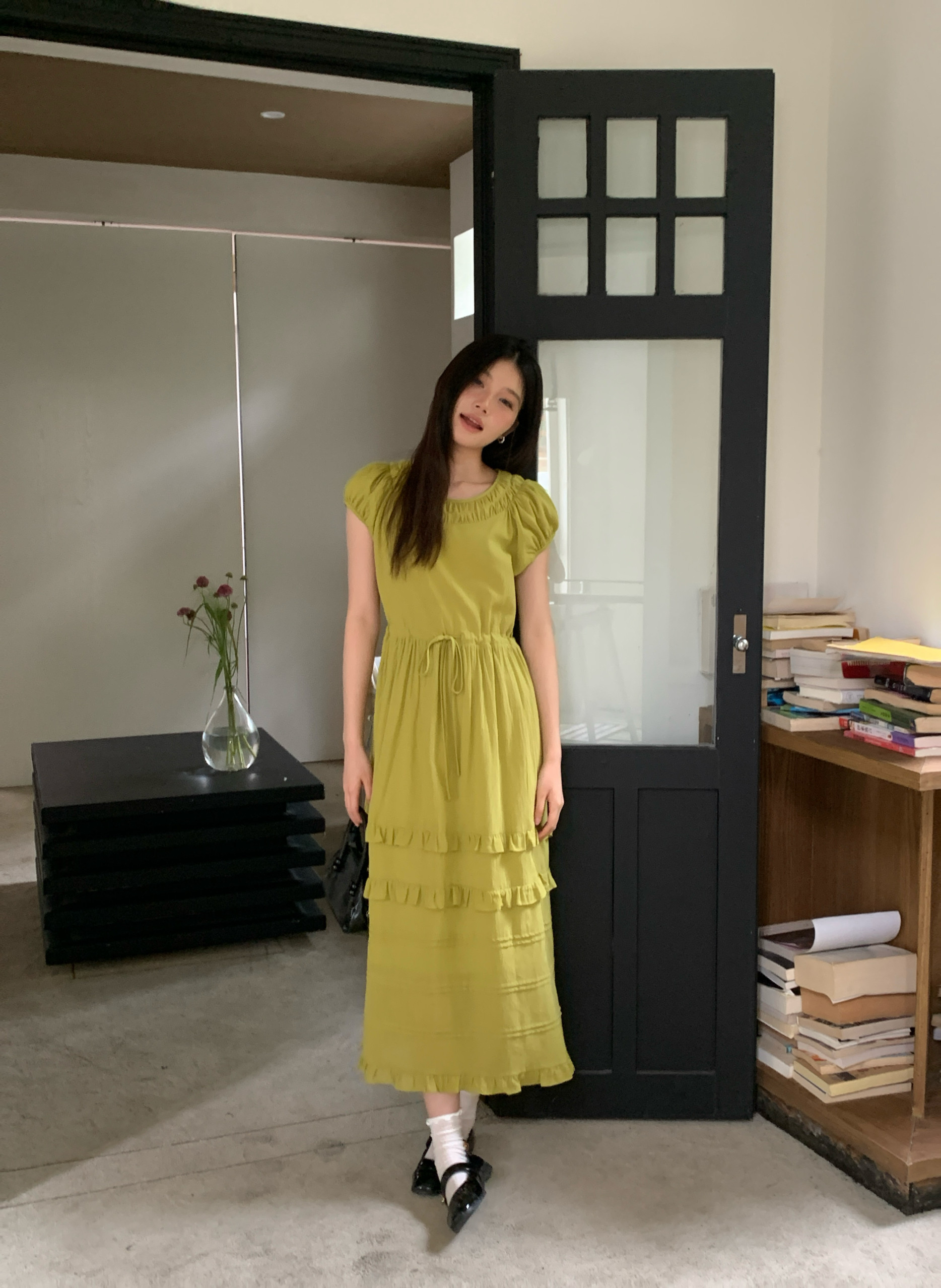 Yohaaa自制 花边拼接蛋糕裙女夏季显白芥末绿收腰小飞袖连衣长裙