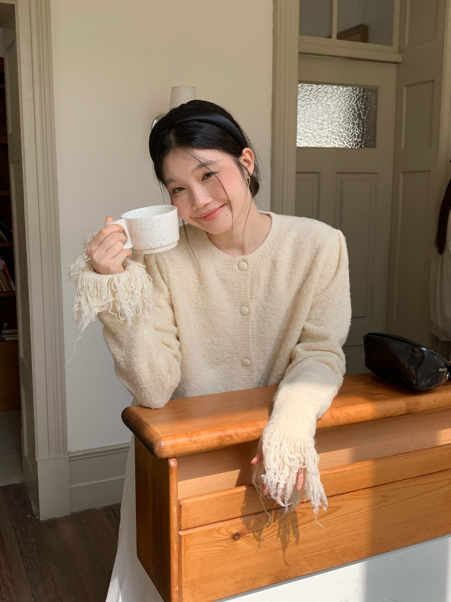 Yohaaa自制 早秋韩系圆领显白奶油黄流苏短款上衣外套长袖开衫女