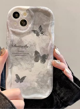 灰色蝴蝶适用于苹果15promax手机壳iPhone14全包12防摔11硅胶潮牌XSMAX个性7/8plus保护套xs新款13网红高级感