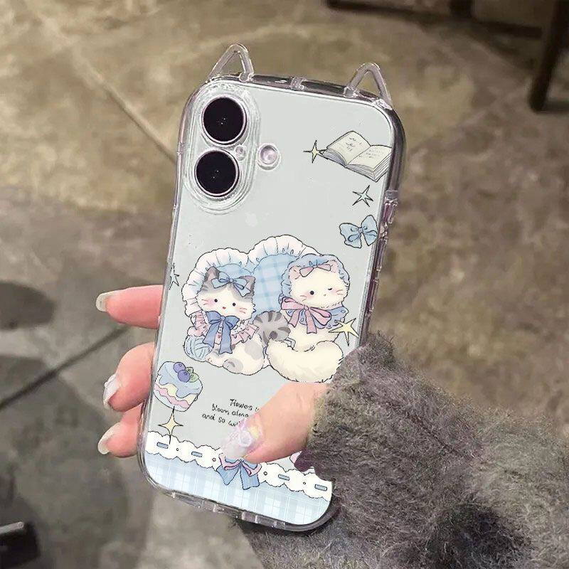 蓝莓蛋糕猫适用苹果11猫耳朵苹果14/15plus简约iPhone16pro透明软