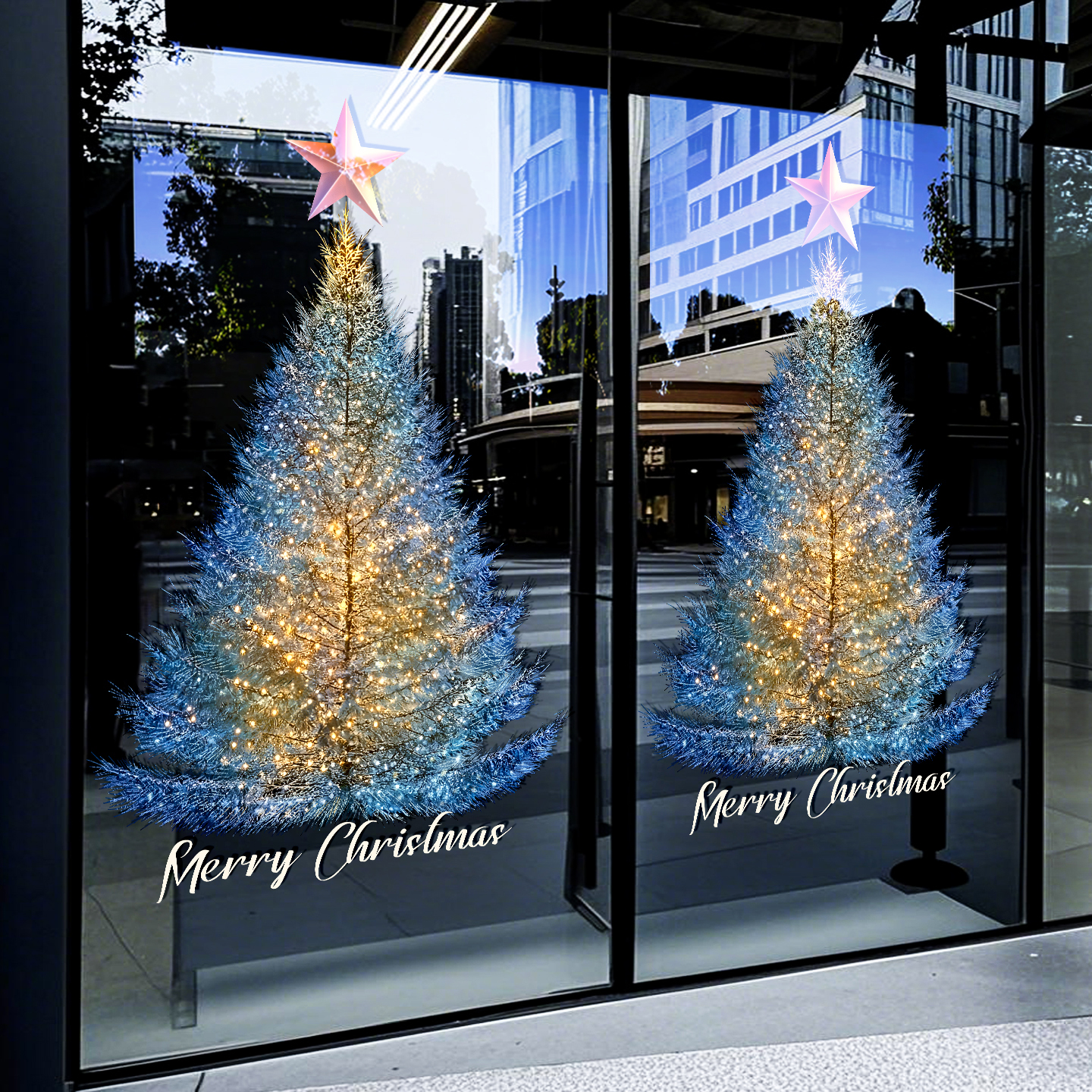 圣诞节装饰橱窗玻璃贴纸蓝色松针圣诞树服装饰品商场酒店静电贴画图片