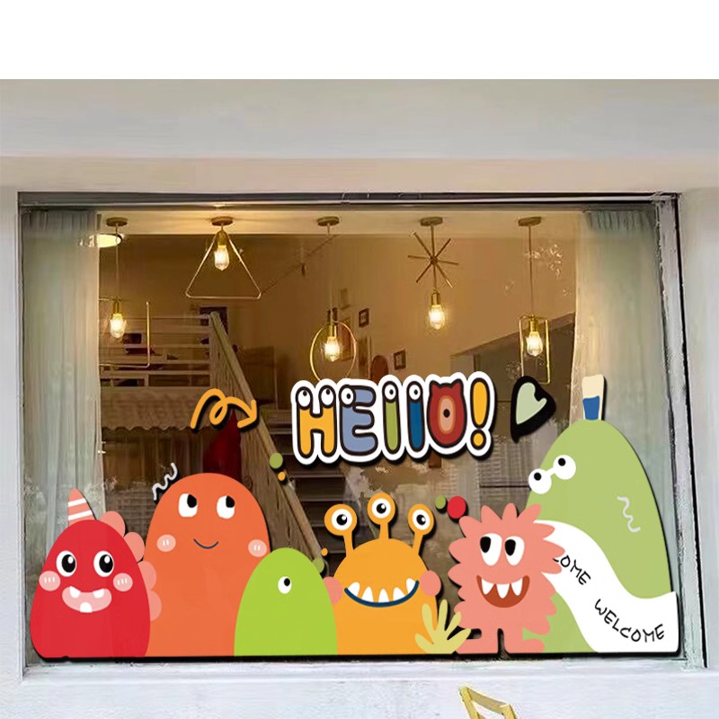 ins卡通创意贴画小怪兽镜子贴店铺静电贴玻璃贴纸幼儿园装饰窗花图片