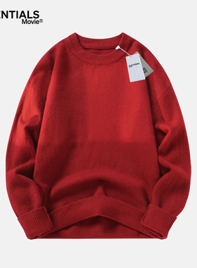 ESSENTIALS MOVIE官方圆领红色针织毛衣男女秋冬宽松打底衫潮长袖