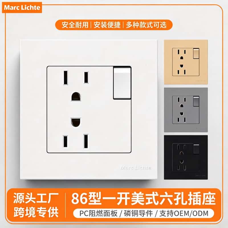 86型美式美规15A六孔插座带开关
