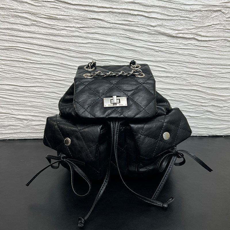 韩国小众matin kim菱格链条双肩背包女黑色抽绳多口袋通勤背包