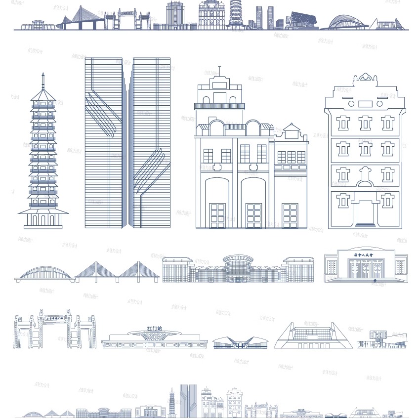 江门广东建筑城市设计地标志插画图景点剪影天际线旅游线描稿素材