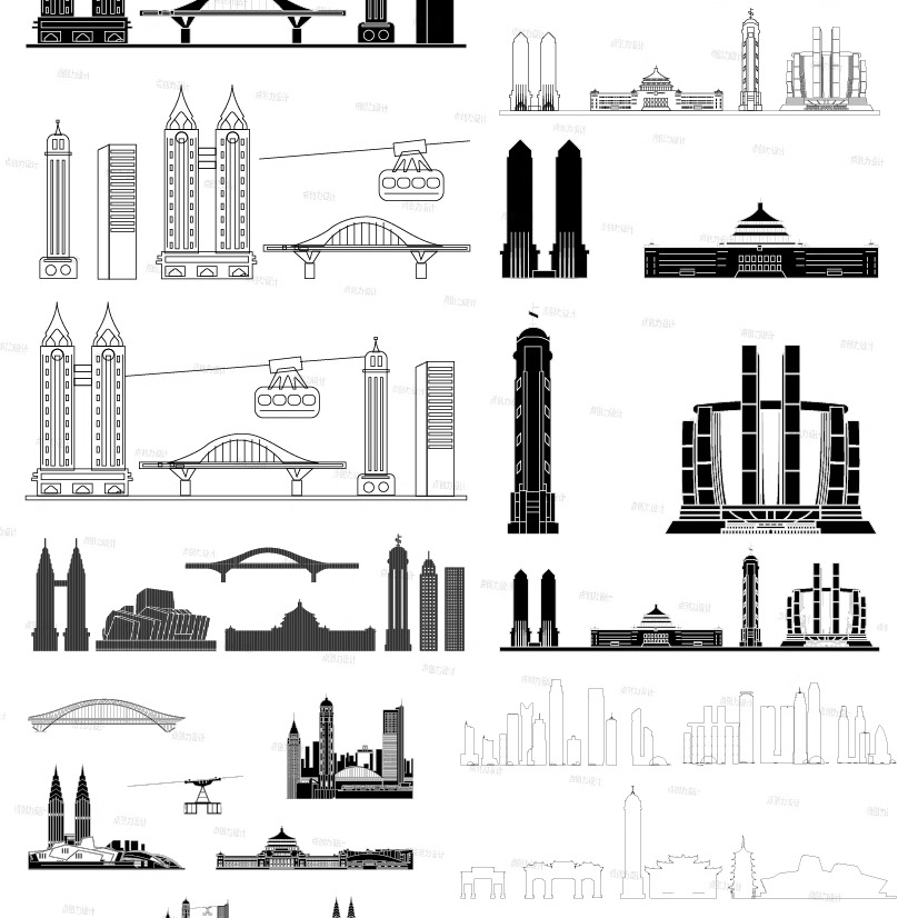 重庆渝建筑地标志插画图景点设计城市剪影天际线旅游线描稿元素材