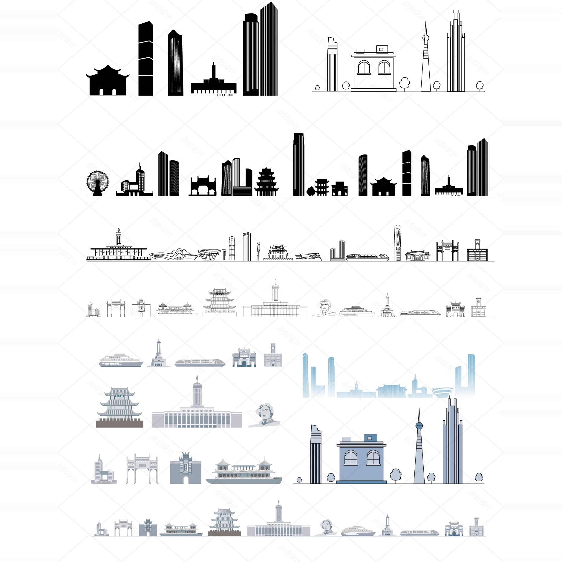 长沙湖南剪影建筑天际线旅游线描地标志插画图设计城市景点元素材