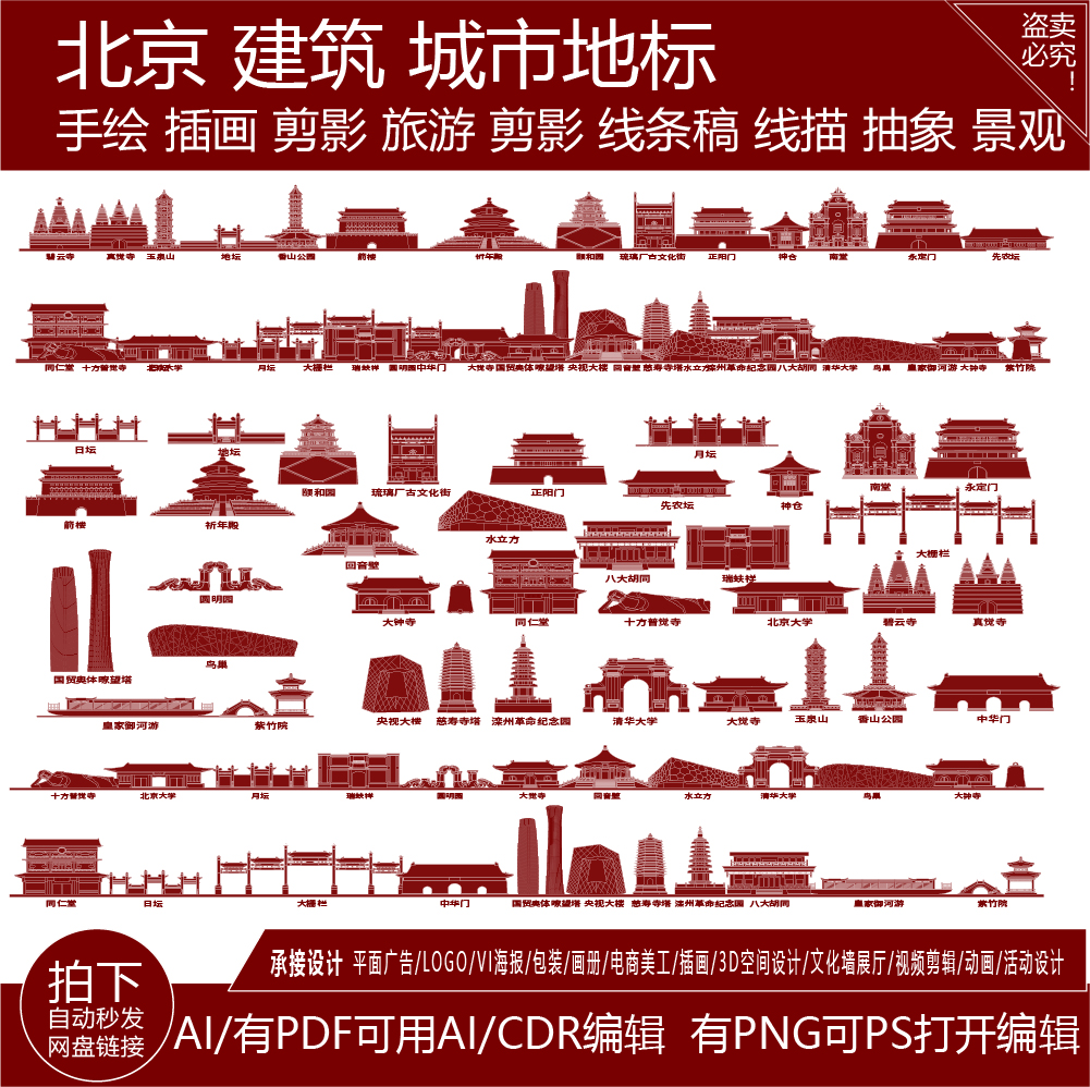 北京城市天际线旅游线描稿景点建筑地标志剪影插画图手绘矢量素材