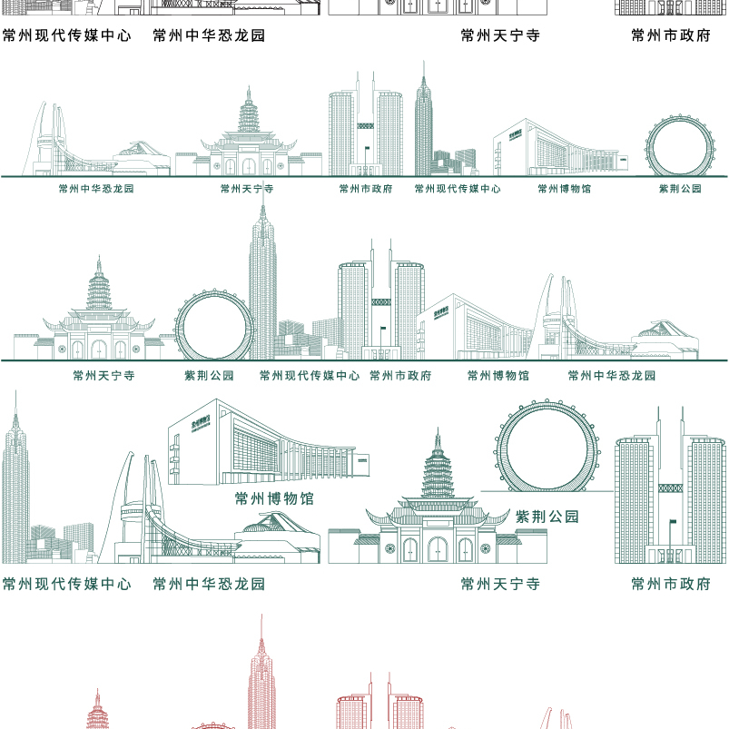 常州江苏天际线建筑旅游线描景点剪影插画设计剪影地标志城市素材