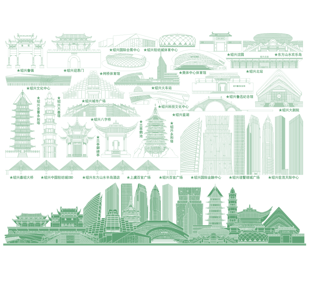绍兴浙江旅游天际线描稿城市地标志剪影插画图景点建筑手绘素材