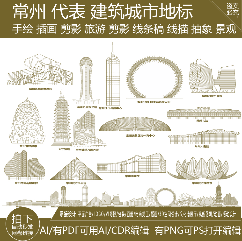 常州江苏景点天际线旅游线描稿建筑地标志城市剪影插画图手绘素材