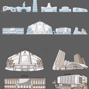 南宁广西城市建筑设计天际线旅游线描稿插画图地标志景点剪影素材
