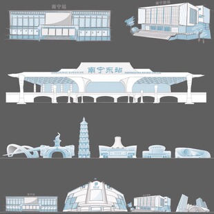 南宁广西城市建筑天际线旅游线描稿设计插画图地标志剪影景点素材