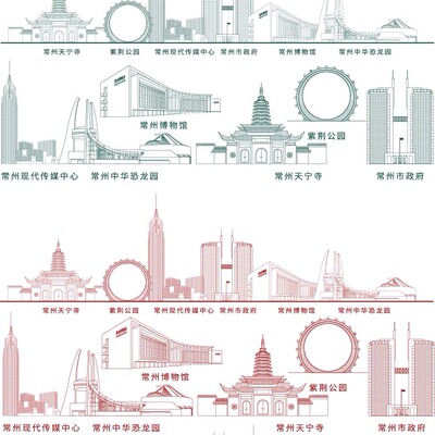 常州江苏天际线建筑旅游线描景点剪影插画地标志设计剪影城市素材