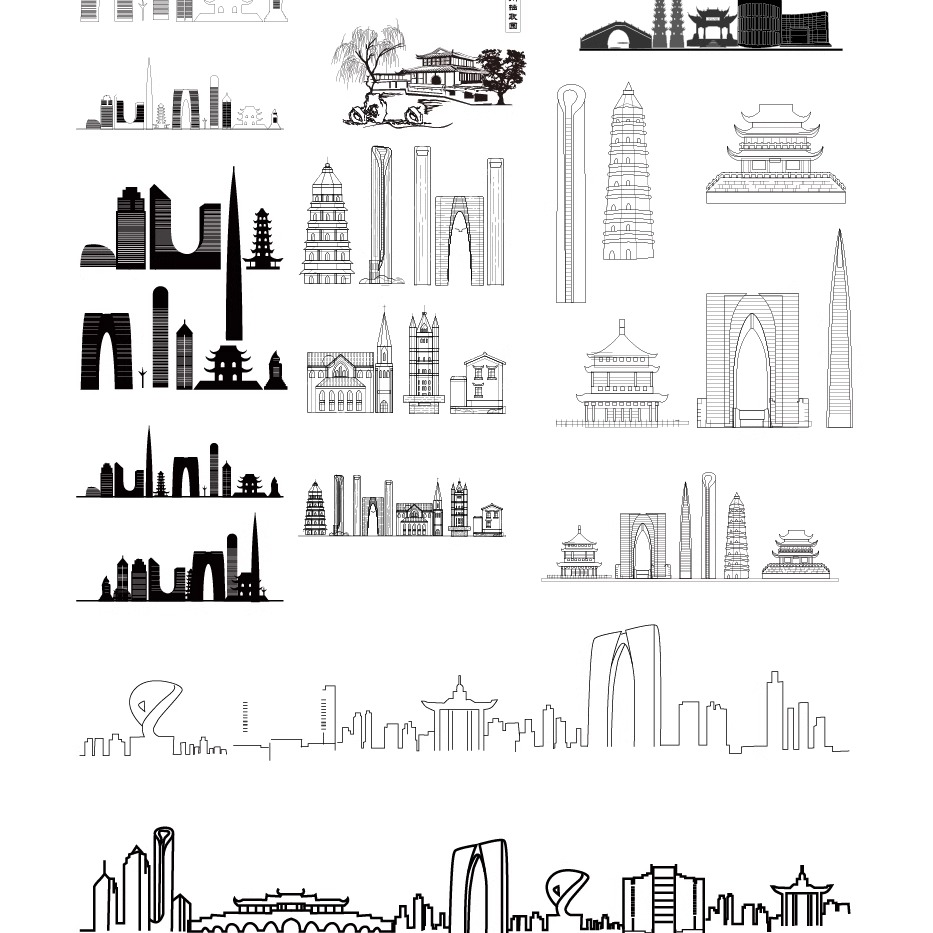 苏州江苏城市地标志建筑天际线旅游线描稿插画图设计剪影景点素材