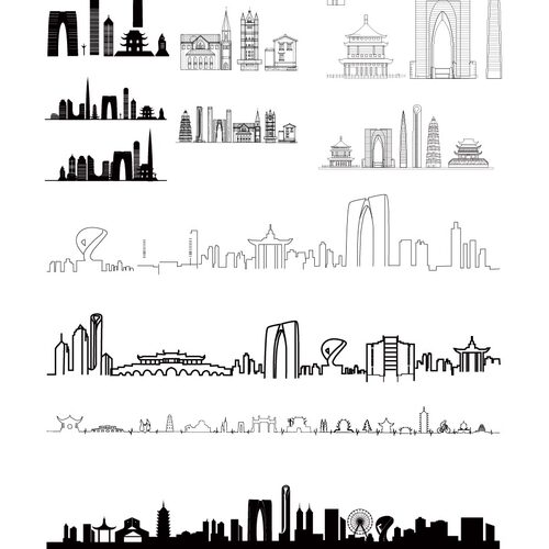 苏州江苏城市地标志建筑天际线旅游线描稿插画图剪影设计景点素材