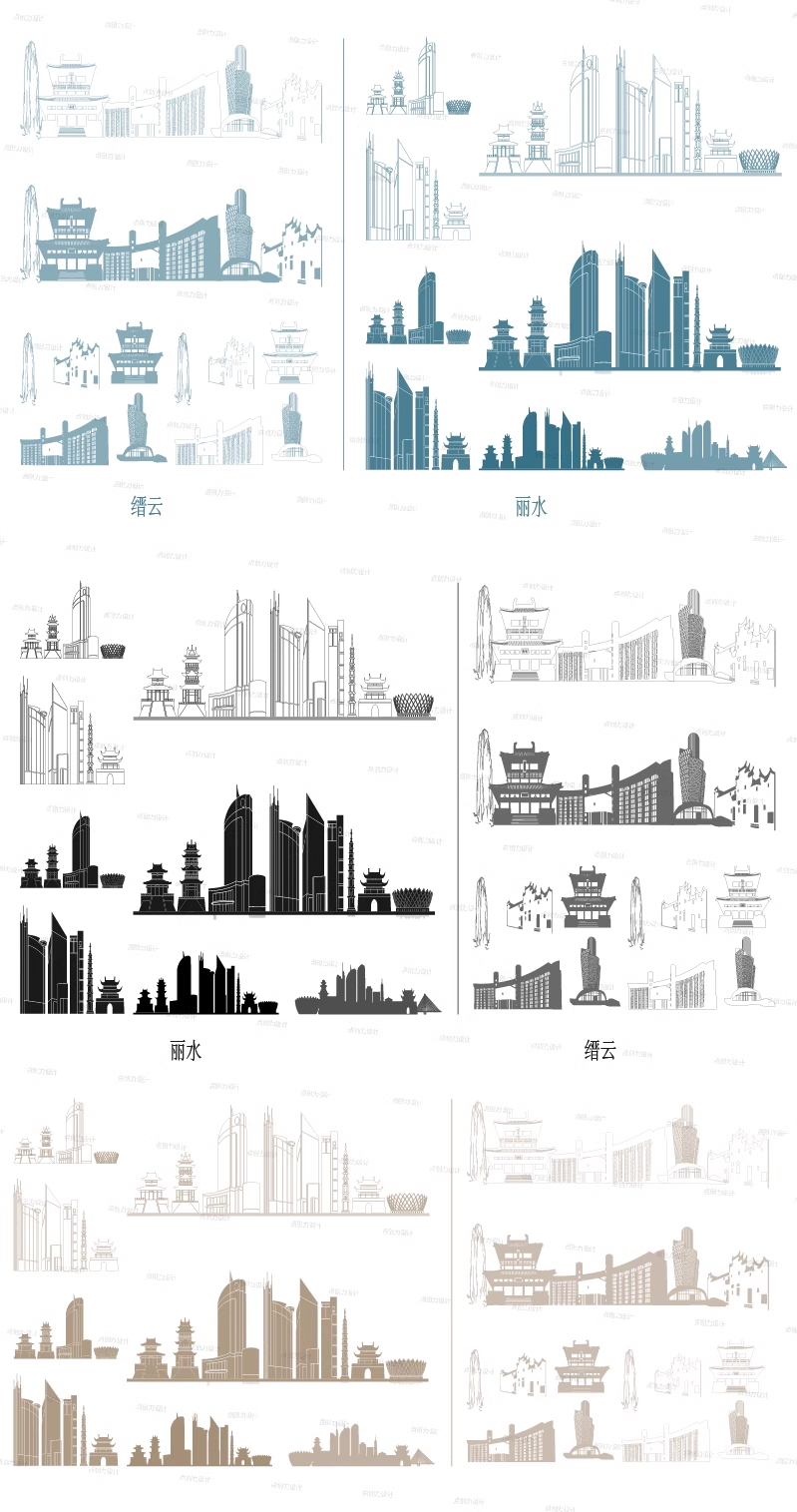 丽水缙云浙江建筑景点城天际线旅游线描稿插画图城市地标志素材