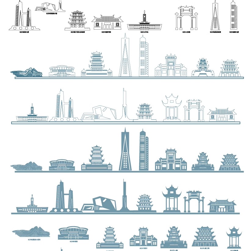 长沙湖南建筑城市天际线旅游线描地标志景点设计插画图剪影元素材