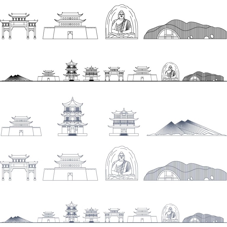 大同山西地标志建筑景点剪影插画图旅游手绘设计天际线线描稿素材