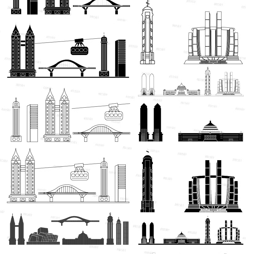 重庆渝建筑地标志插画图景点城市设计剪影天际线旅游线描稿元素材