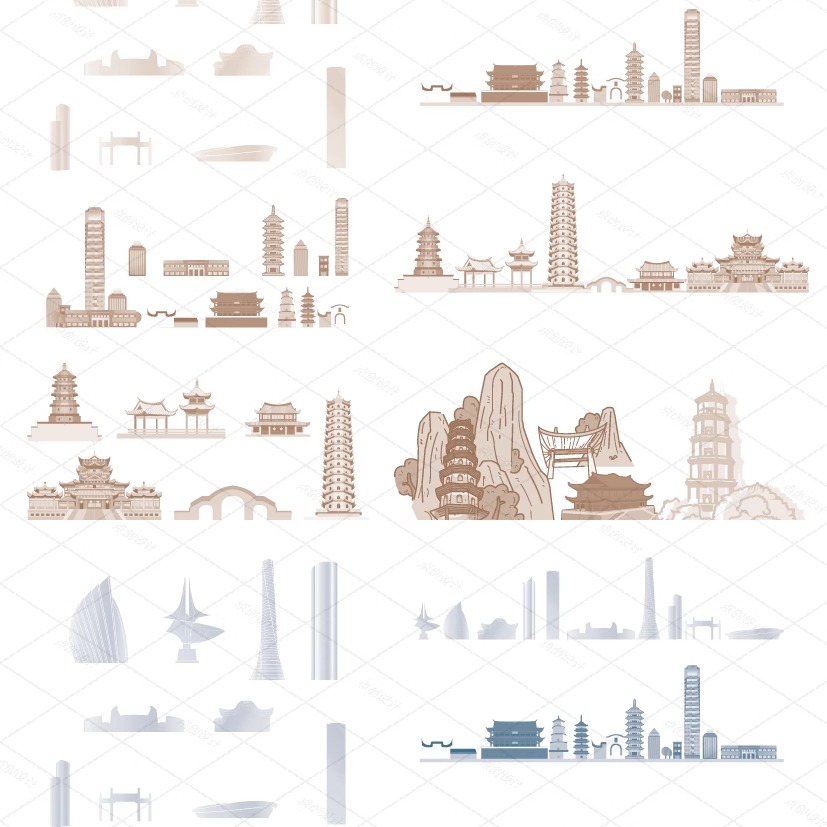 福州福建城市天际线旅游线描稿建筑插画图地标志设计景点剪影素材