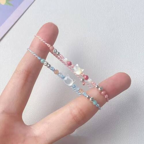 小猫主义~甜美白贝母猫咪糖果色编织手绳手链女时尚精致情侣手饰