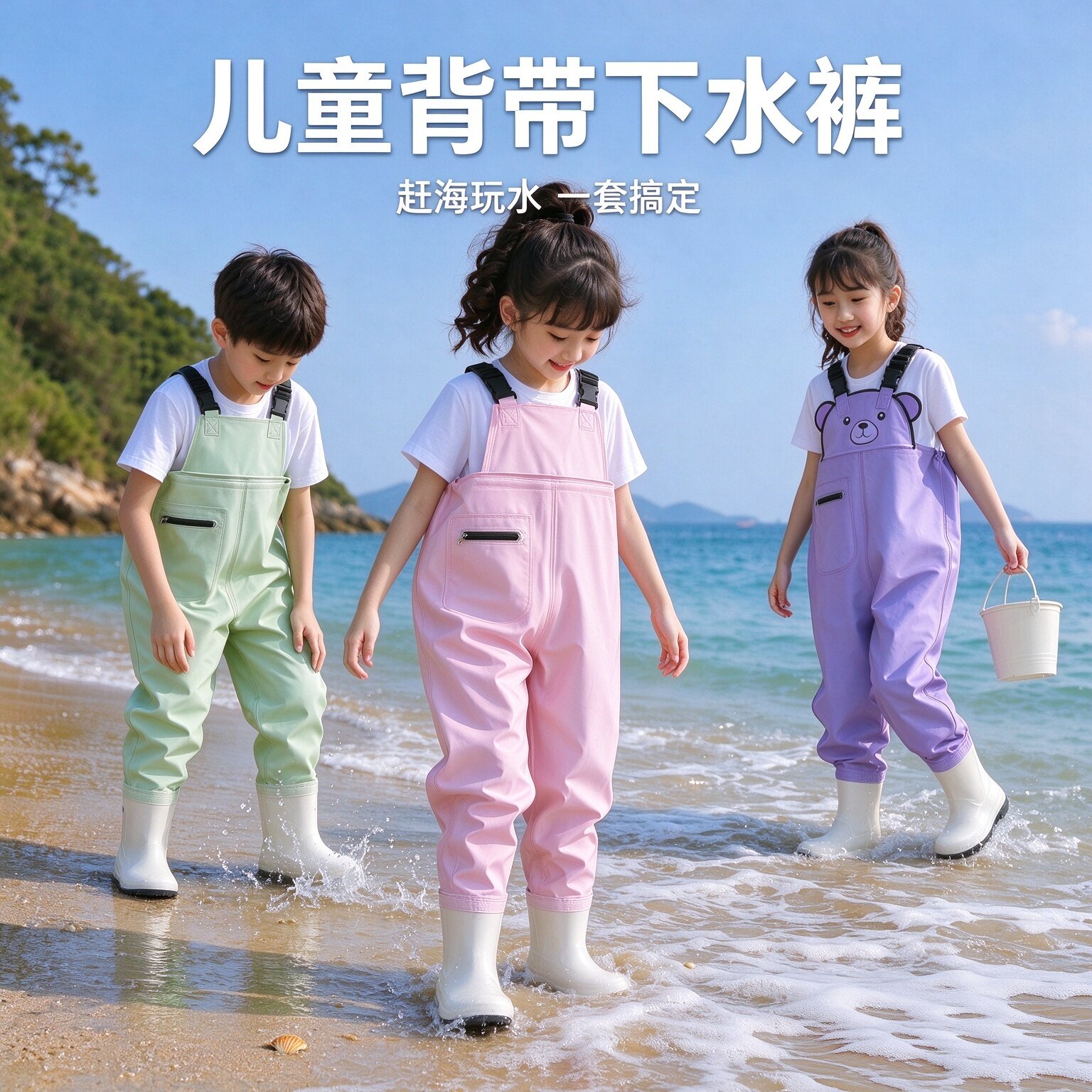儿童玩水连体下水裤幼儿园防水衣服赶海装备水叉雨裤小孩抓鱼沙滩