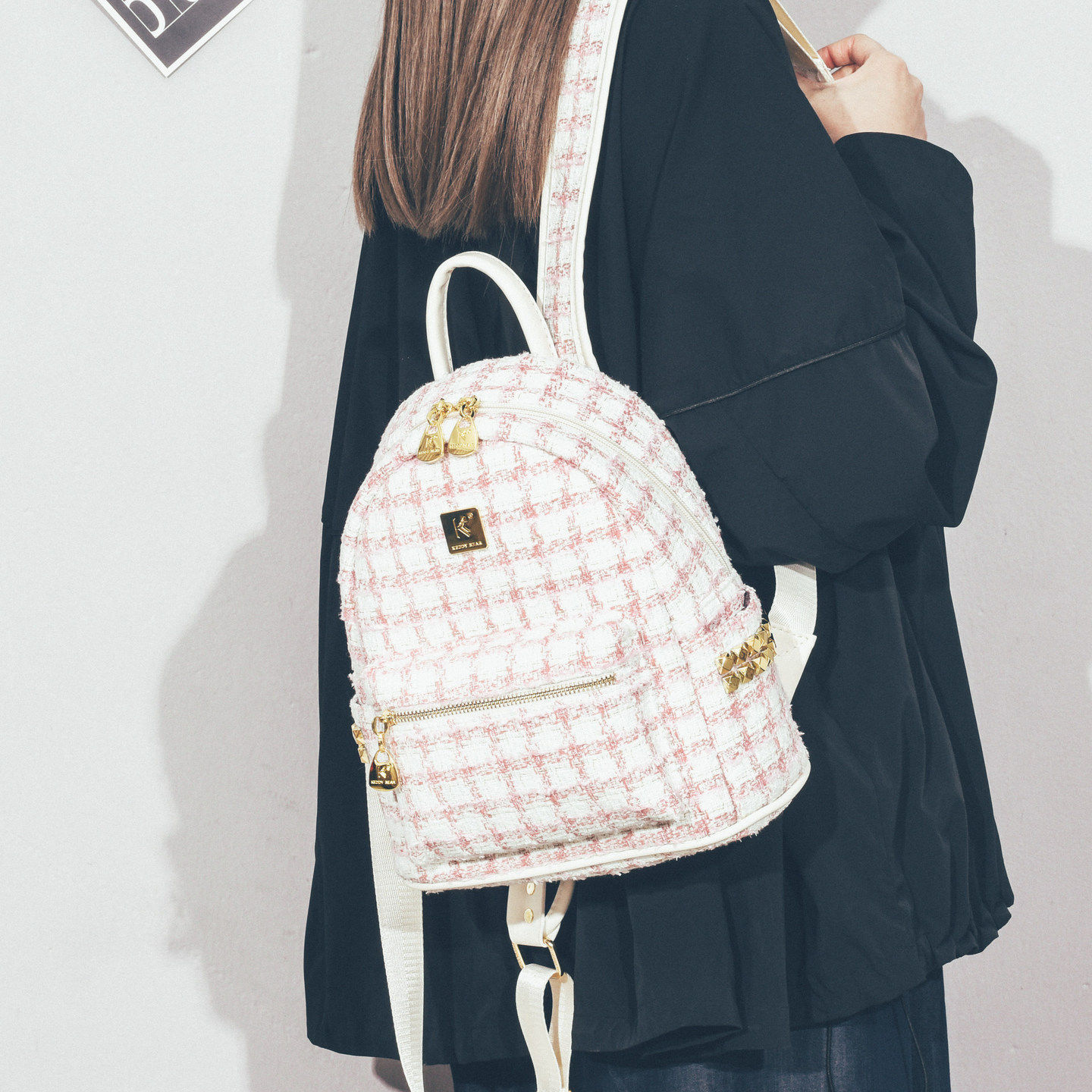 法国ZAMP小香风时尚百搭双肩包女呢子针织布书包小众学生逛街背包