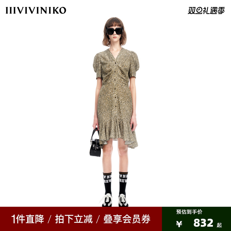 IIIVIVINIKO2023夏新品V领修身碎花连身裙女M320612138E
