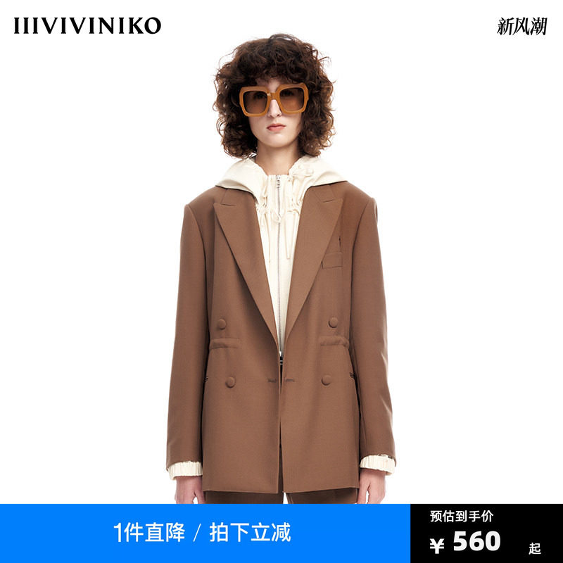 【早春新品】IIIVIVINIKO薇薏蔻复古纯色羊毛混纺抽绳西装外套女