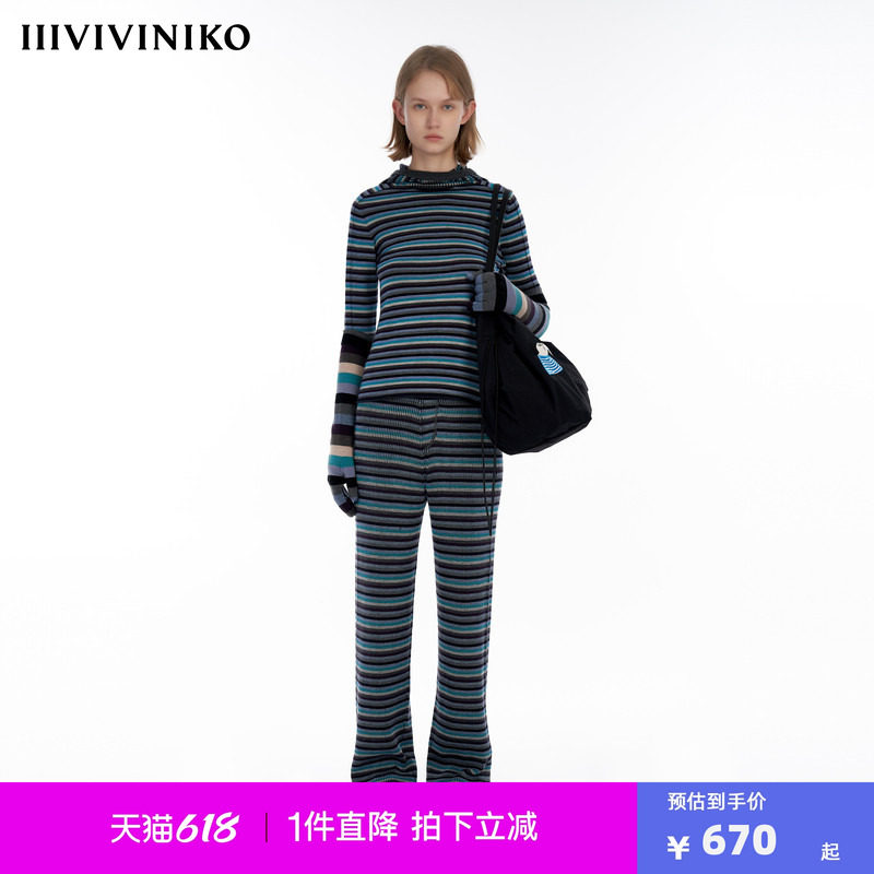 IIIVIVINIKO“细针羊毛纱”连帽细条纹针织打底衫女M343736640E
