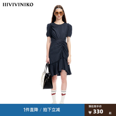 【早春新品】IIIVIVINIKO薇薏蔻气质小格纹不规则抽褶鱼尾连衣裙