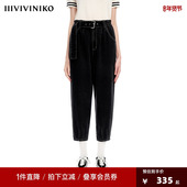 早春新品 IIIVIVINIKO薇薏蔻复古学院黑色松紧腰带九分牛仔裤