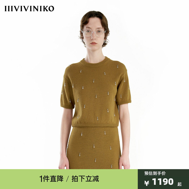 【手工钉珠】IIIVIVINIKO秋季新款羊毛宽松短袖针织套头衫女