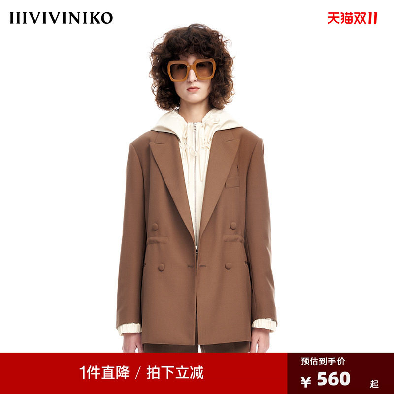 【早春新品】IIIVIVINIKO薇薏蔻复古纯色羊毛混纺抽绳西装外套女