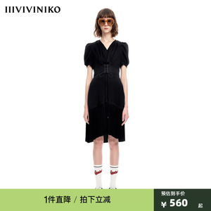 【早春新品】IIIVIVINIKO薇薏蔻气质甜酷小黑裙泡泡袖抽绳连衣裙