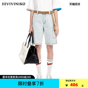 牛仔中裤 IIIVIVINIKO薇薏蔻复古浅色百慕大直筒工装 早春新品