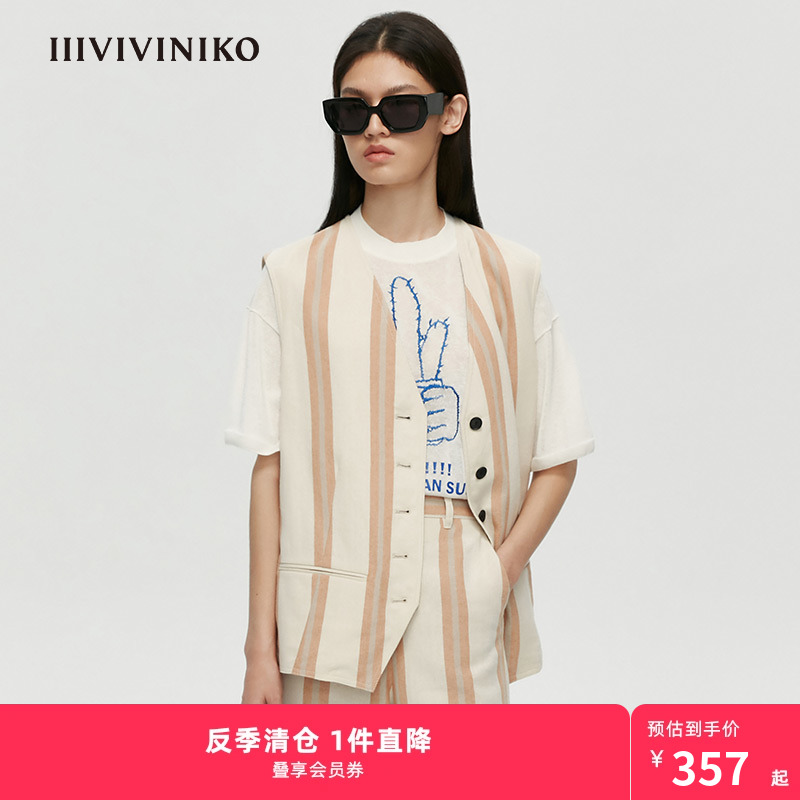 【设计师品牌】IIIVIVINIKO夏新款条纹麻西装马甲外套