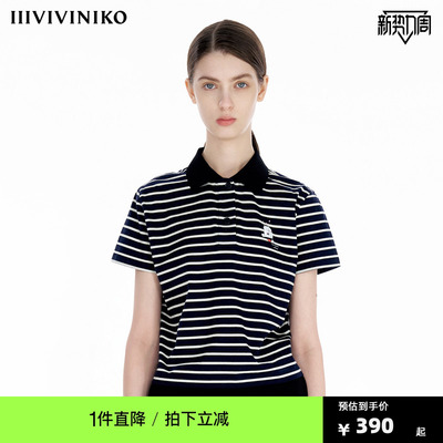 【设计师款】IIIVIVINIKO夏季新款猫咪印花Polo领条纹T恤女