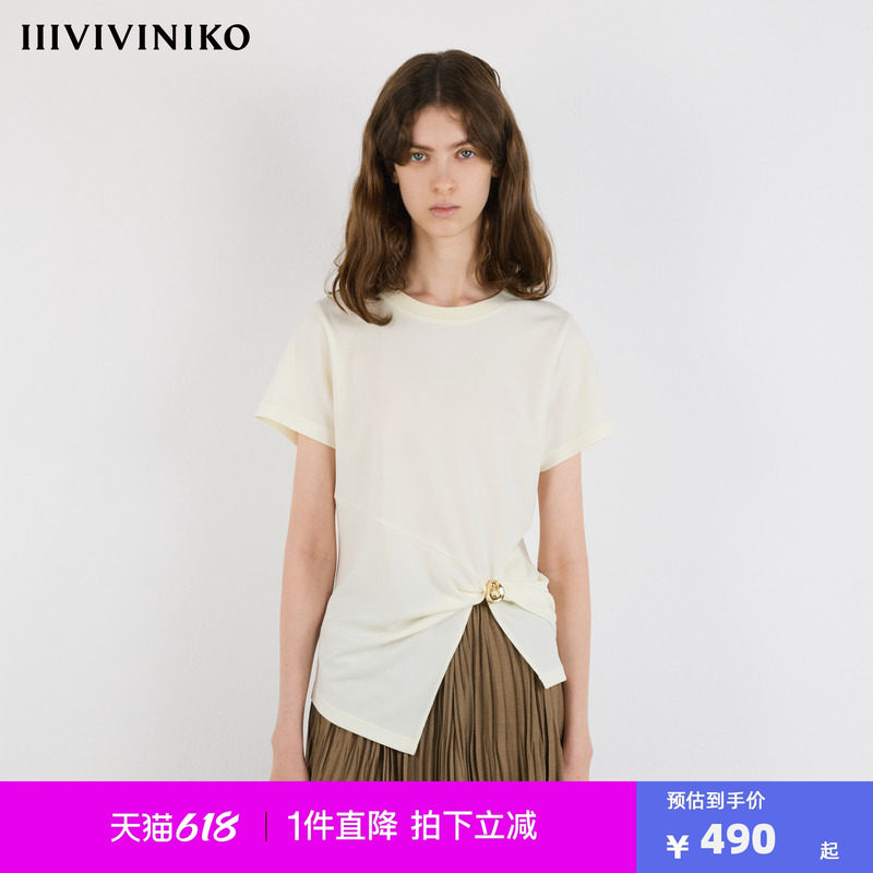 IIIVIVINIKO2025夏季新款褶皱金别针收身T恤