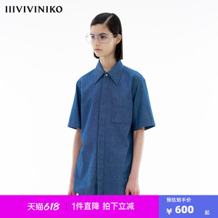 【全棉青年牛仔布】IIIVIVINIKO夏季新款复古百搭短袖衬衫女