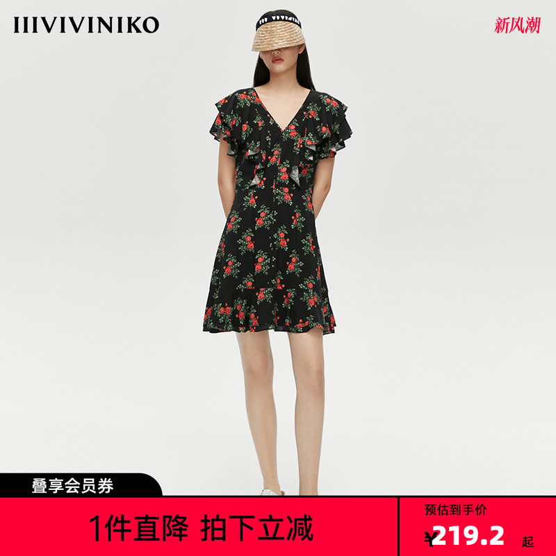 IIIVIVINIKO春夏新品V领复古碎花法式连衣裙女M110677137C